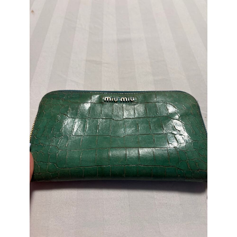 Miu Miu Green Croc Embossed Zip Around Wallet Leather